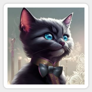 Elegant Grey and White Cat With a Black Bow Tie | White and grey cat with blue eyes | Digital art Sticker Sticker